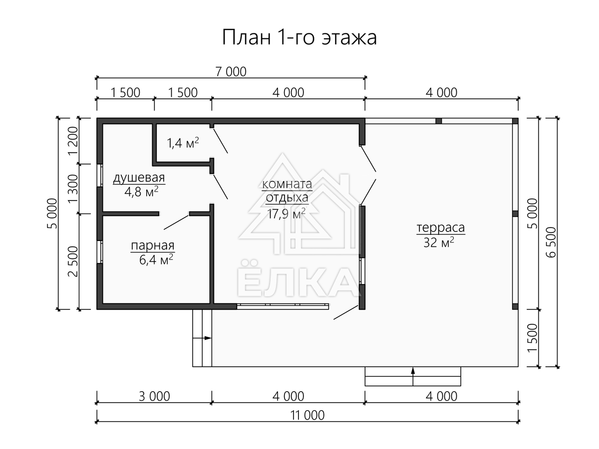 Лещ - каркасная баня 11х6.5 - планировка 1 этажа