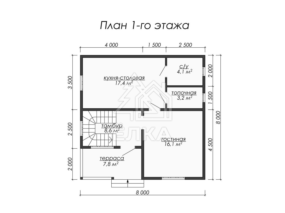 Боровик - каркасный дом 8х8 - планировка 1 этажа