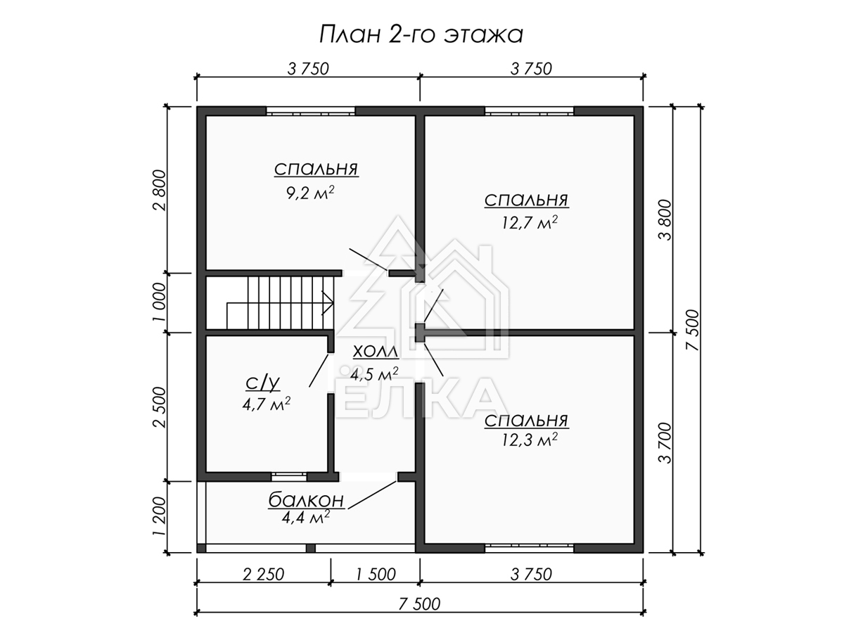 Ласточка - каркасный дом 7.5х7.5 - планировка 2 этажа
