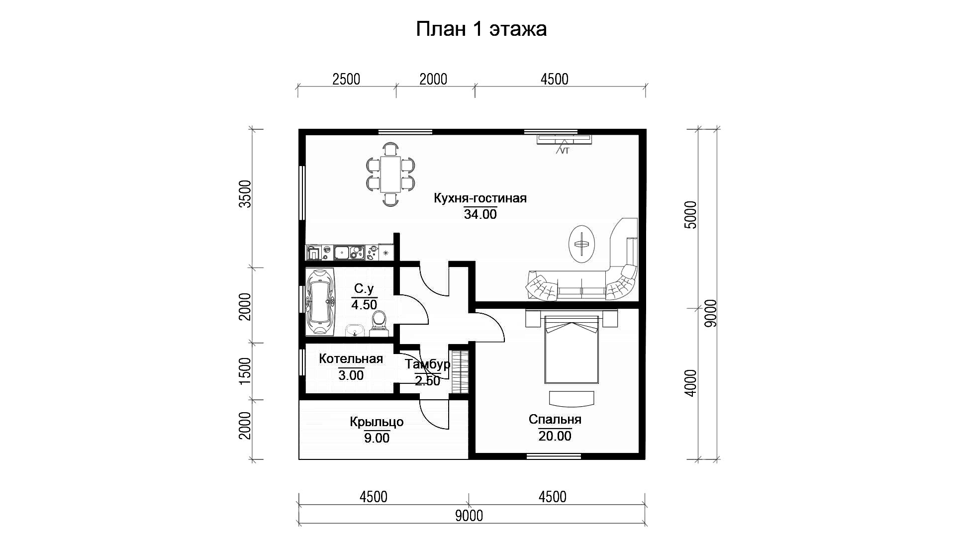 Кедр - каркасный дом 9х9 - планировка 1 этажа