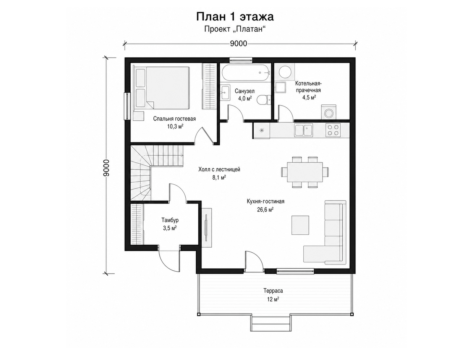 Платан — дом из бруса, планировка 1 этажа