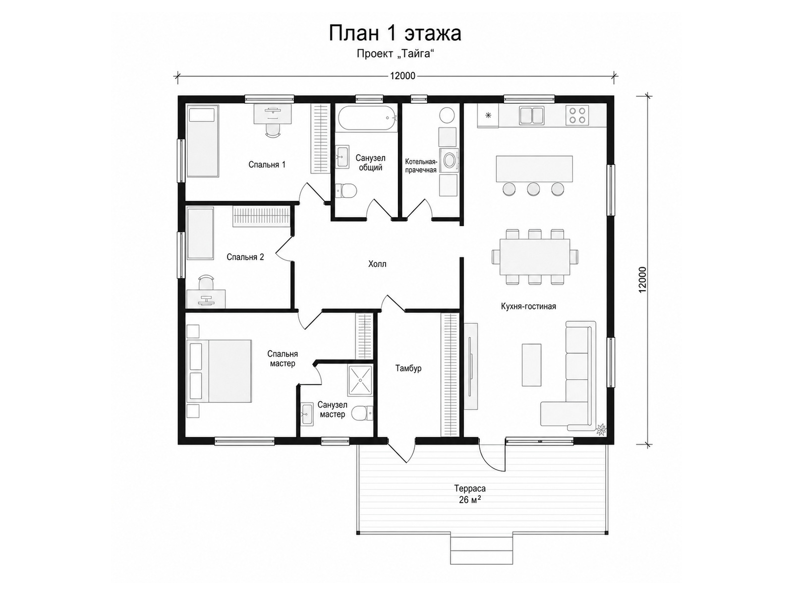 Тайга — каркасный дом, планировка 1 этажа
