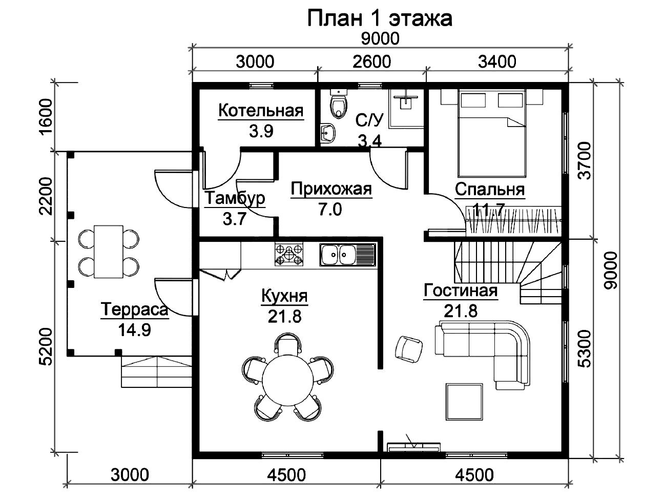 Терем - каркасный дом 9х9 - планировка 1 этажа