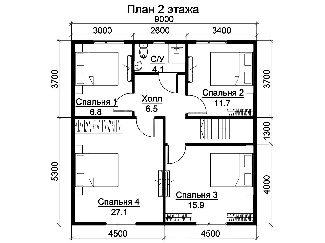Терем - каркасный дом 9х9 - планировка 2 этажа
