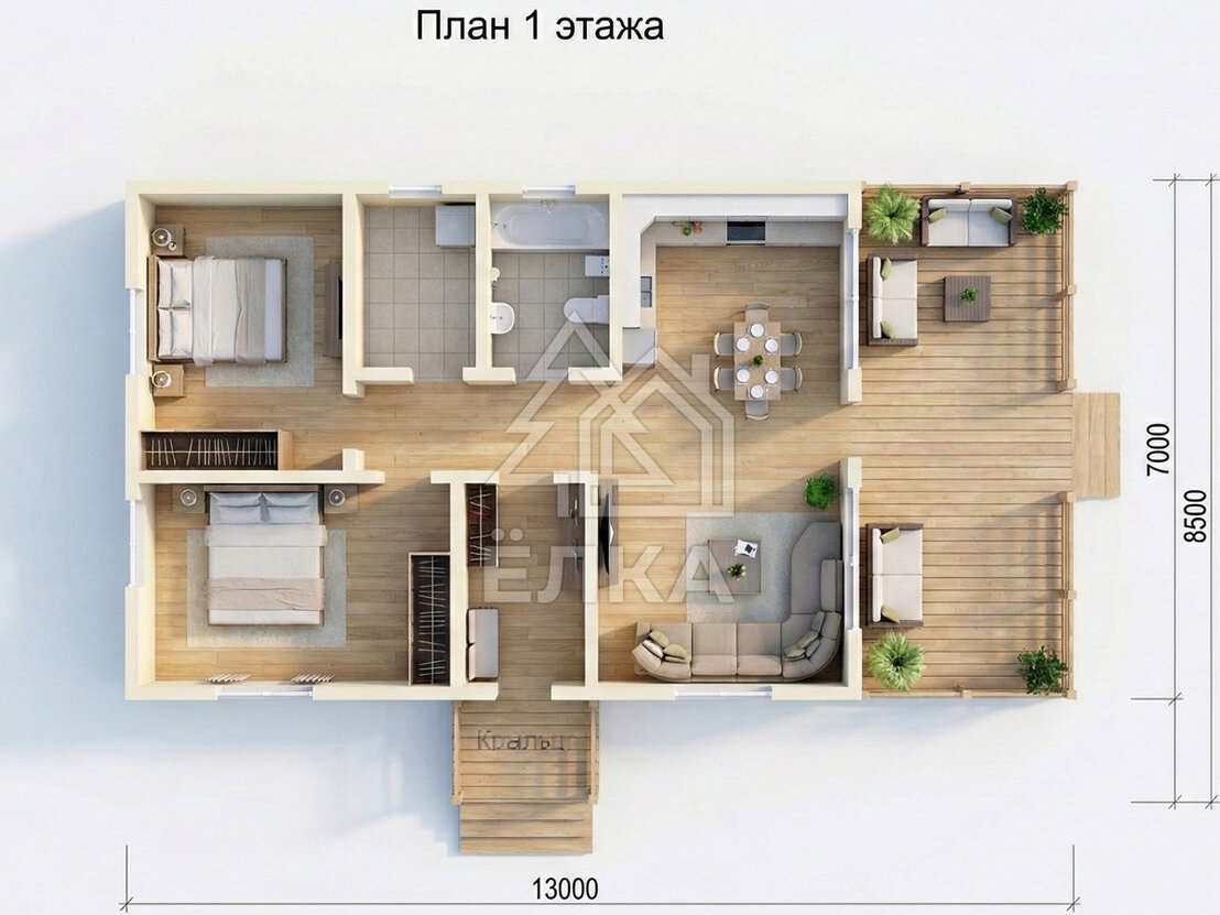 Вепрь - каркасный дом 13х7 - планировка 1 этажа