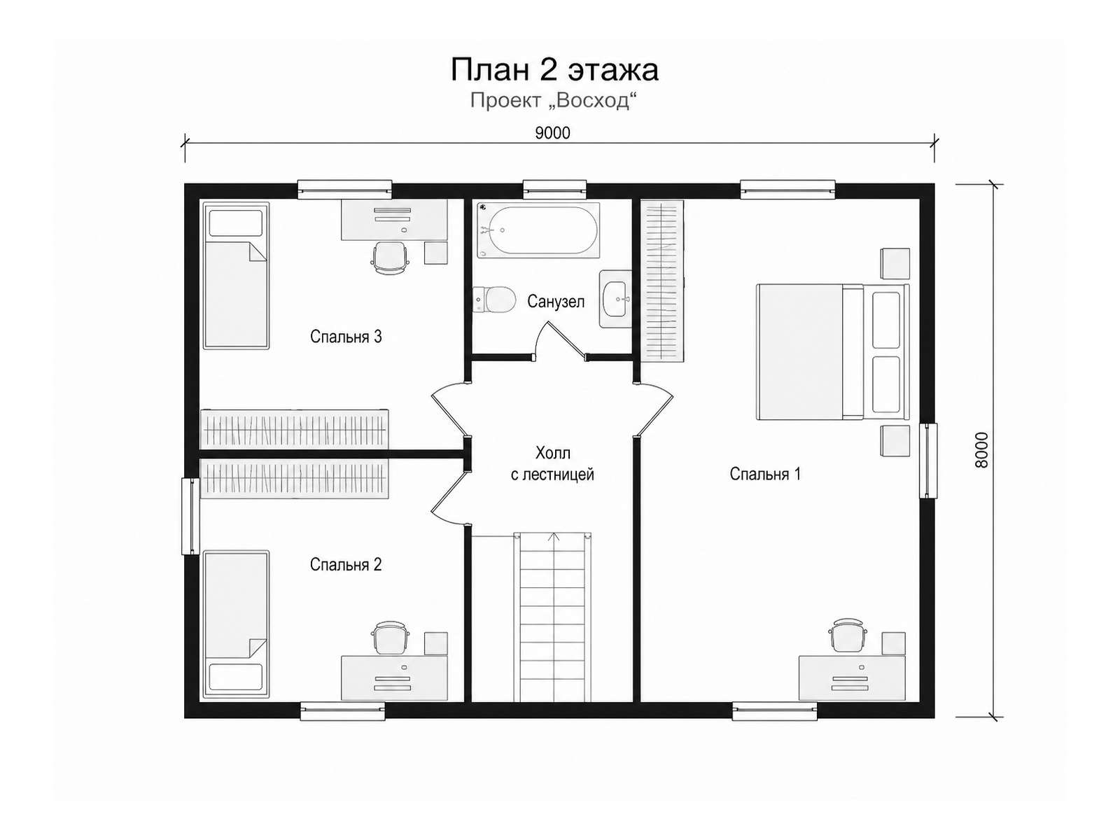 Восход — дом из бруса, планировка 2 этажа