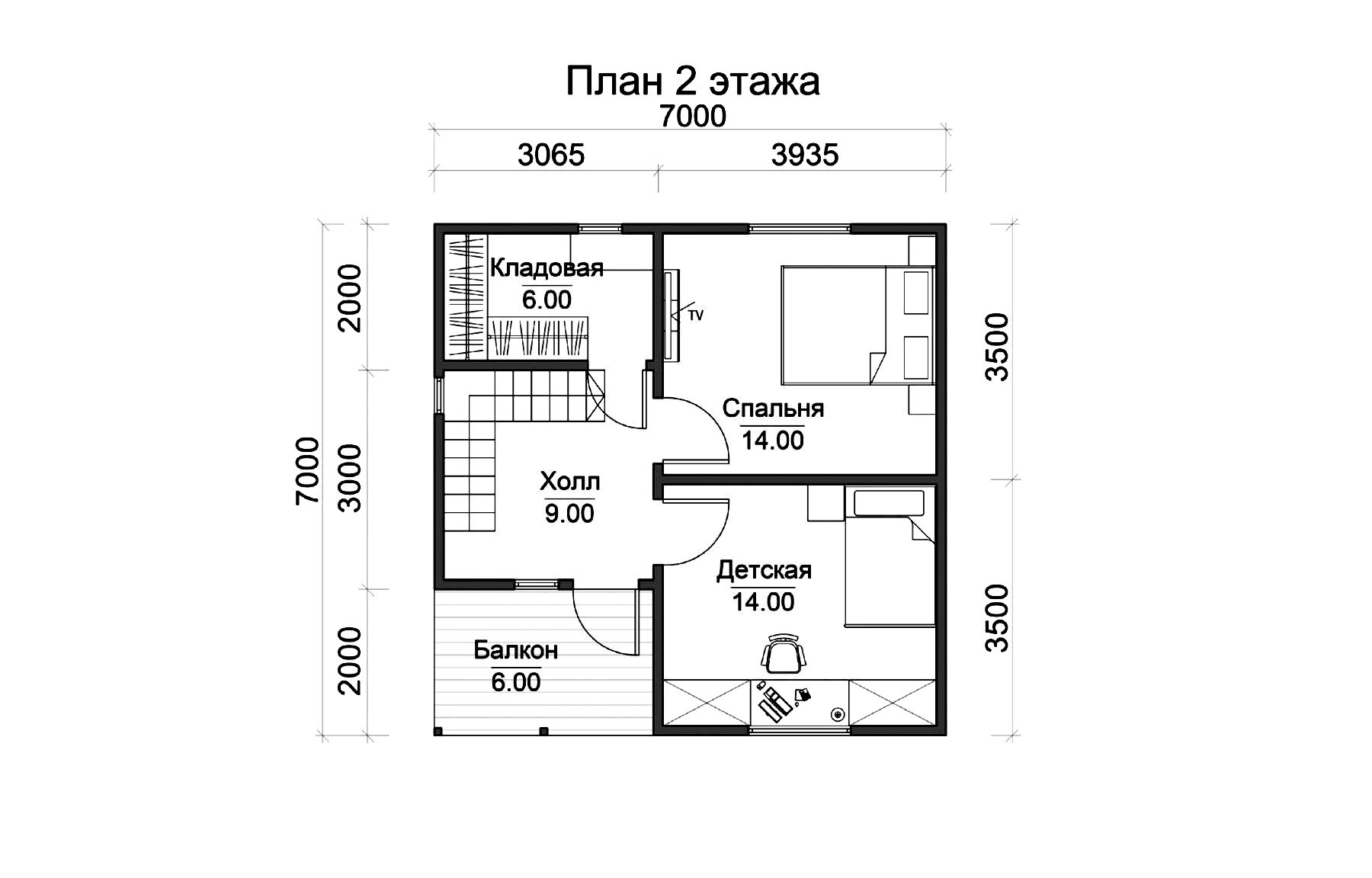 Жемчуг - каркасный дом 7х7 - планировка 2 этажа