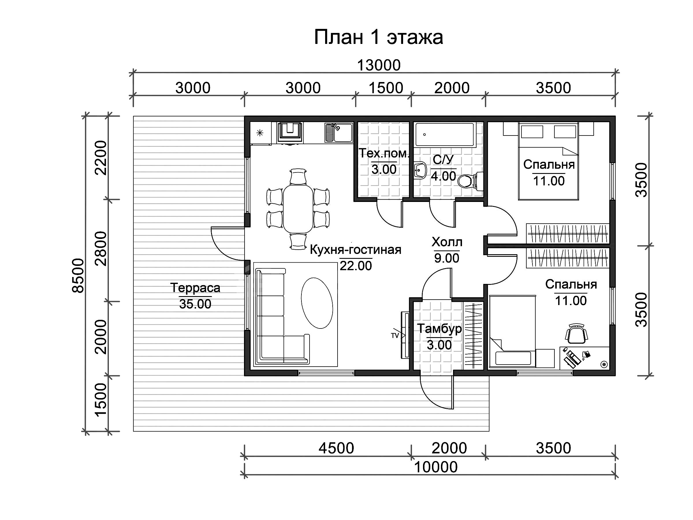 Журавль - каркасный дом 13х8.5 - планировка 1 этажа